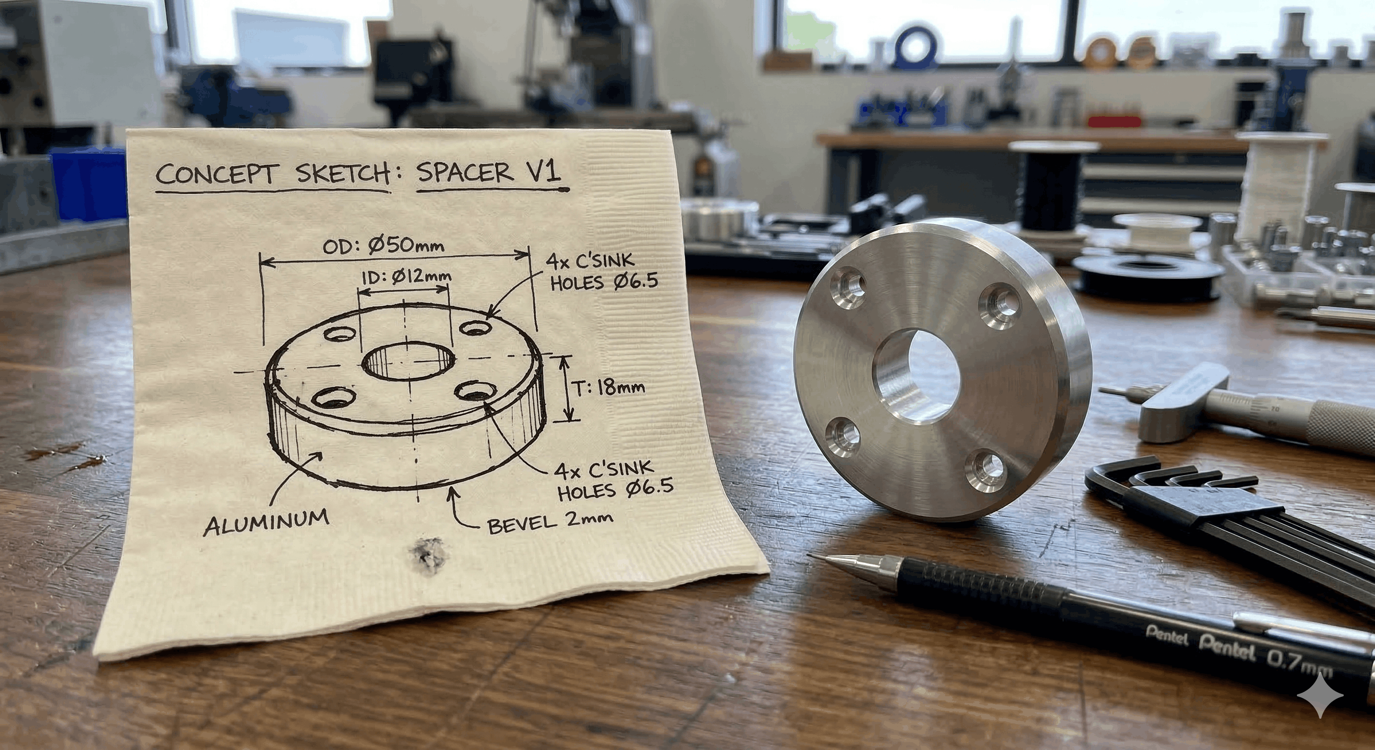 Napkin sketch of a spacer design next to the finished machined aluminum part on a workshop bench